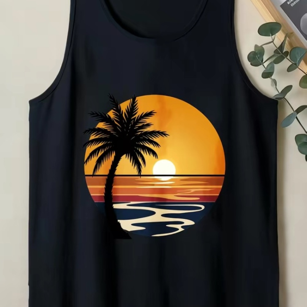 Black and White Cotton Tee - 100% Cotton 2026 Men’s retro Sunset Beach Tank top